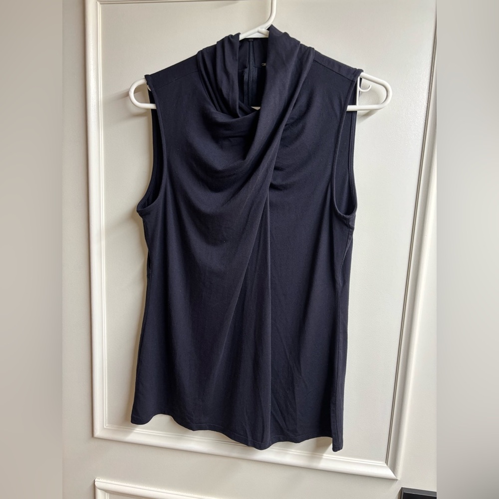 Elie Tahari navy blue sleeveless drape top